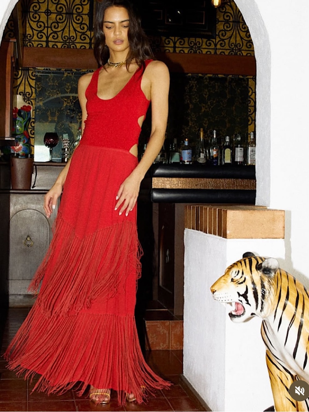 Chasing Unicorns Libertango Cotton Jersey + Fringe Maxi Dress in Scarlett Red XS